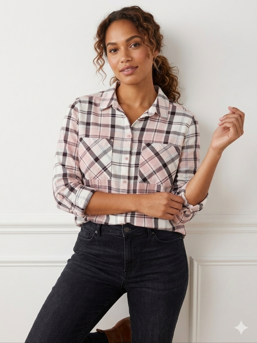 Reitmans "The Classic" Plaid Button Down Shirt - Pink & Grey - Size L